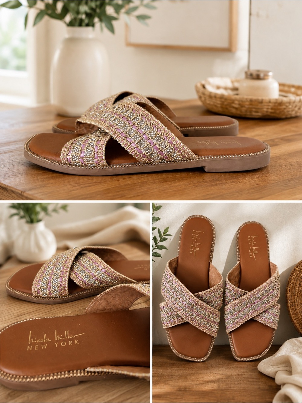 Nicole Miller Toddler Girls Glitter Pink Woven Crossband Sandals